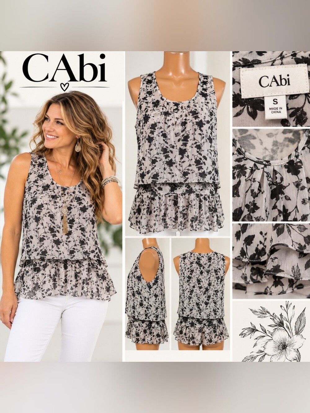 CAbi Black & White Floral Lace-Trim Sleep Tank